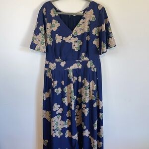 Wayward Francies Floral Maxi Dress 18 Blue Green Short Sleeve Tie Cherry Blossom